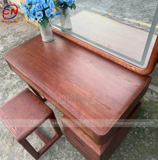 Bàn Trang Điểm Gỗ Sồi Nga Gương Đèn LED 1m Màu Óc Chó - Gương Vuông 