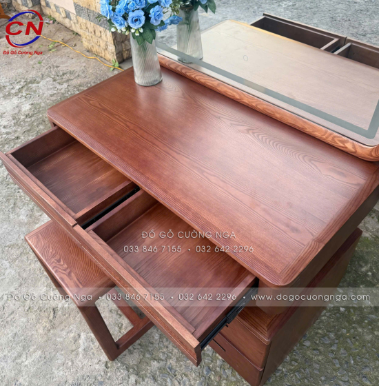Bàn Trang Điểm Gỗ Sồi Nga Gương Đèn LED 1m Màu Óc Chó - Gương Vuông 