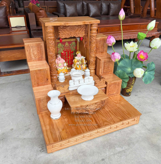 Trọn Bộ Bàn Thờ Ông Địa - Thần Tài Gỗ Gõ Đỏ 6 Món