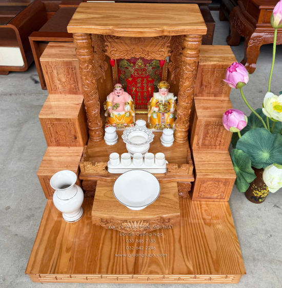 Trọn Bộ Bàn Thờ Ông Địa - Thần Tài Gỗ Gõ Đỏ 6 Món