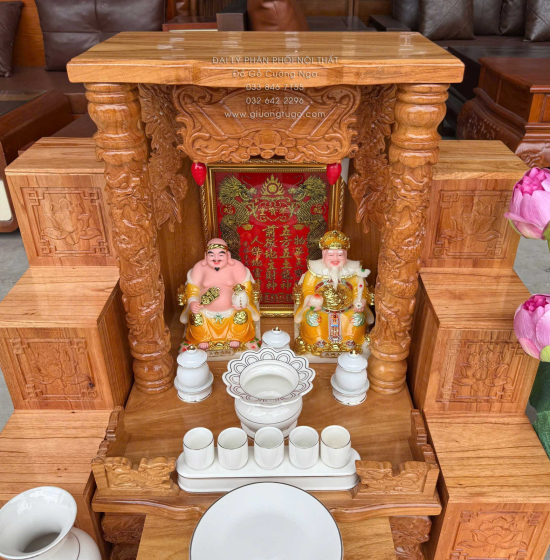 Trọn Bộ Bàn Thờ Ông Địa - Thần Tài Gỗ Gõ Đỏ 6 Món