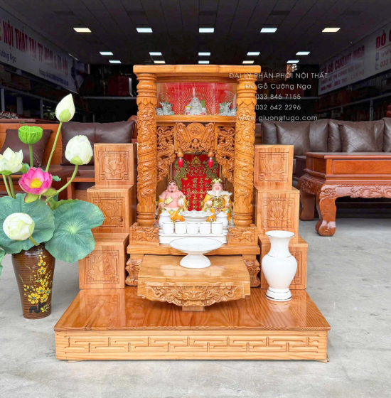 Trọn Bộ Bàn Thờ Ông Địa - Thần Tài Gỗ Gõ Đỏ 6 Món - Có Hộp Đèn