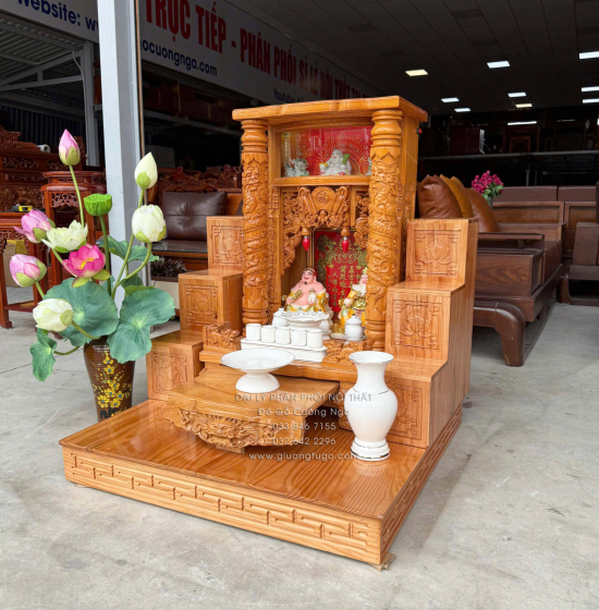 Trọn Bộ Bàn Thờ Ông Địa - Thần Tài Gỗ Gõ Đỏ 6 Món - Có Hộp Đèn