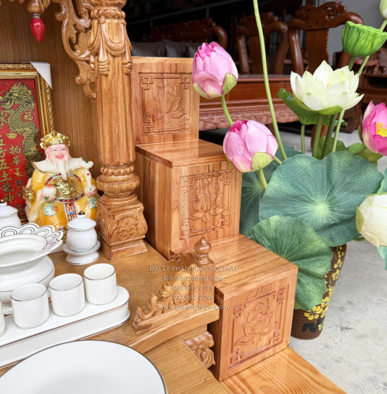 Trọn Bộ Bàn Thờ Ông Địa - Thần Tài Gỗ Gõ Đỏ Tân Cổ Điển 6 Món