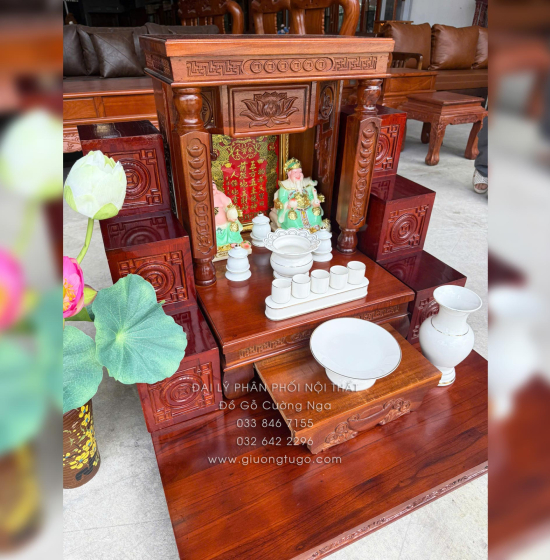 Trọn Bộ Bàn Thờ Ông Địa - Thần Tài Gỗ Tràm 6 Món