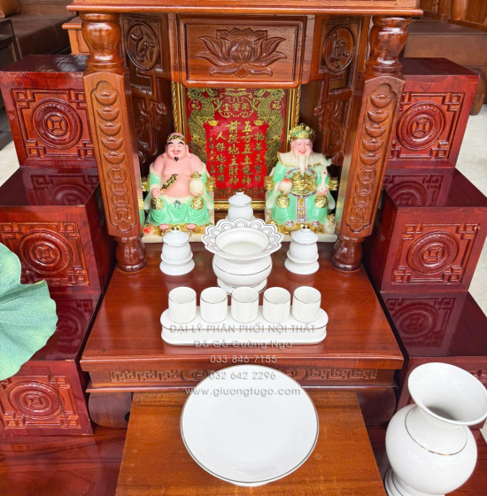 Trọn Bộ Bàn Thờ Ông Địa - Thần Tài Gỗ Tràm 6 Món
