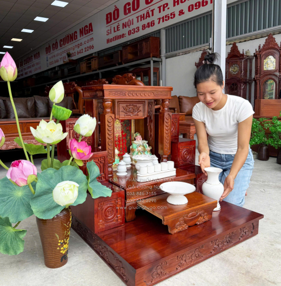 Trọn Bộ Bàn Thờ Ông Địa - Thần Tài Gỗ Tràm 6 Món