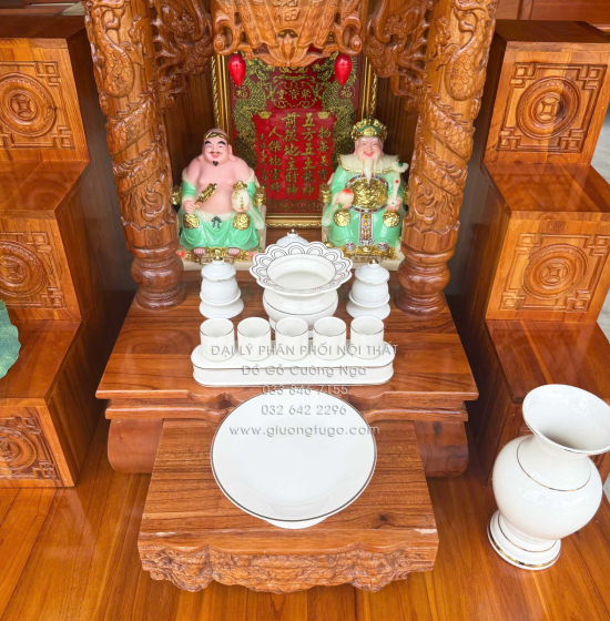 Trọn Bộ Bàn Thờ Ông Địa - Thần Tài Gỗ Xoan 6 Món - Có Hộp Đèn