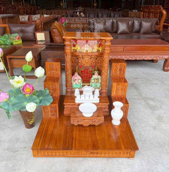 Trọn Bộ Bàn Thờ Ông Địa - Thần Tài Gỗ Xoan 6 Món - Có Hộp Đèn