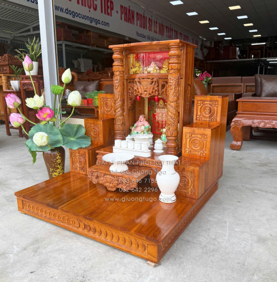 Trọn Bộ Bàn Thờ Ông Địa - Thần Tài Gỗ Xoan 6 Món - Có Hộp Đèn