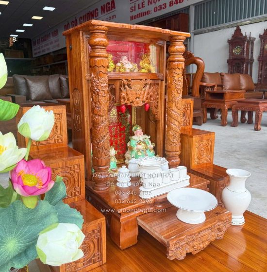 Trọn Bộ Bàn Thờ Ông Địa - Thần Tài Gỗ Xoan 6 Món - Có Hộp Đèn