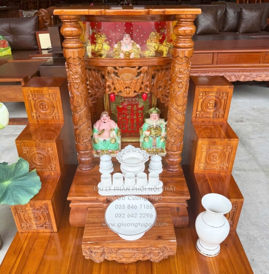 Trọn Bộ Bàn Thờ Ông Địa - Thần Tài Gỗ Xoan 6 Món - Có Hộp Đèn