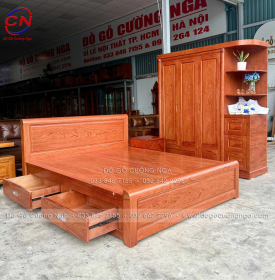 Combo Giường Tủ Gỗ Hương Đá Kèm Bàn Trang Điểm Sang Trọng