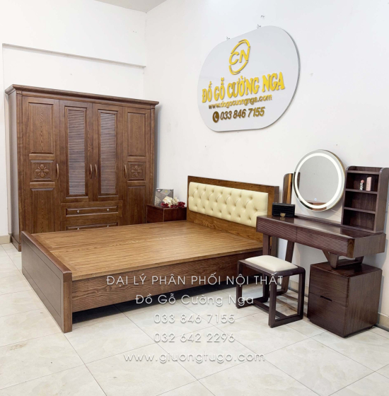 Combo Phòng Ngủ Gỗ Sồi Nga Lau Màu Óc Chó 4 Chi Tiết