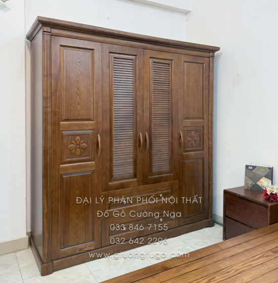 Combo Phòng Ngủ Gỗ Sồi Nga Lau Màu Óc Chó 4 Chi Tiết