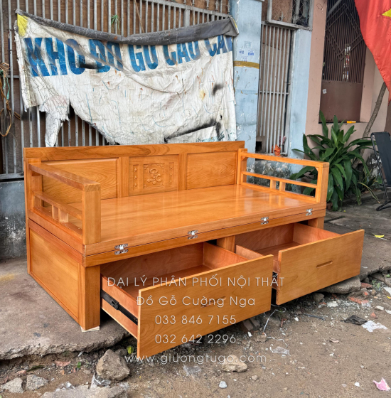 Giường Gấp Gọn Gỗ Gõ Đỏ Chân Cao 40cm - 2 Ngăn Kéo Rộng Rãi