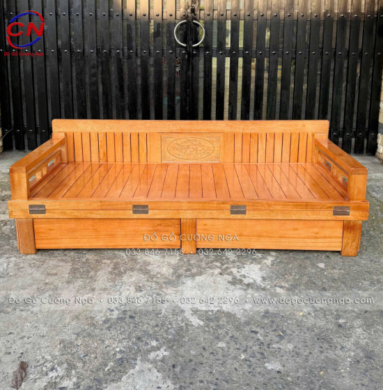 Giường Gấp Gỗ Sồi Kèm Bàn (Có Kính) & Đôn Gỗ Sồi Kiểu Dáng Bắt Mắt
