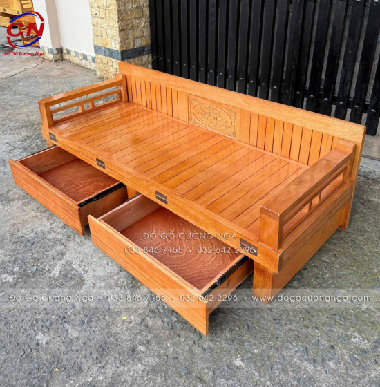 Giường gấp ô kéo gỗ sồi 1m2x1m9 - màu cánh gián 