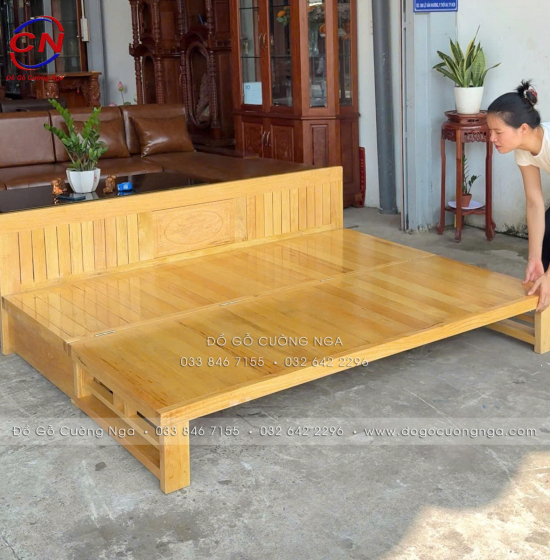 Giường gấp gỗ sồi 2 ngăn kéo 1m2x1m9 - màu tự nhiên 