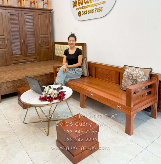 Giường Gấp Gỗ Xoan Đào Kèm Bàn Đá Và Đôn Gỗ Sồi Đẹp Gọn
