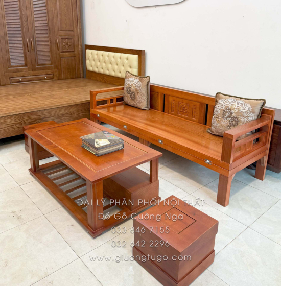 Giường Gấp Gỗ Xoan Đào Kèm Bàn (Có Kính) & Đôn Gỗ Sồi Hợp Túi Tiền