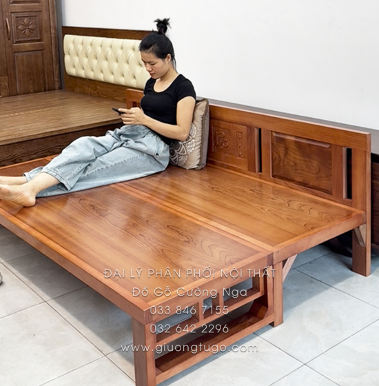 Giường Gấp Gỗ Xoan Đào Kèm Bàn Đá Và Đôn Gỗ Sồi Đẹp Gọn