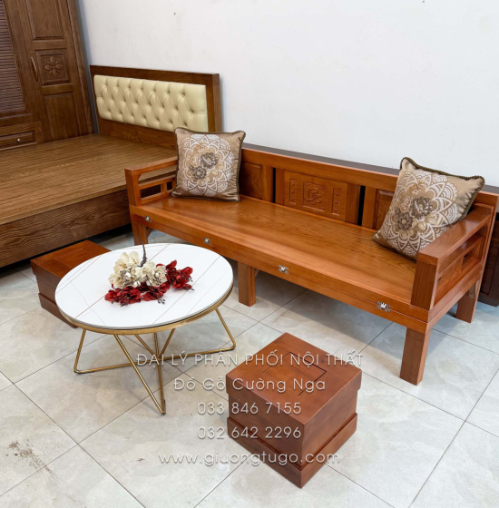 Giường Gấp Gỗ Xoan Đào Kèm Bàn Đá Và Đôn Gỗ Sồi Đẹp Gọn