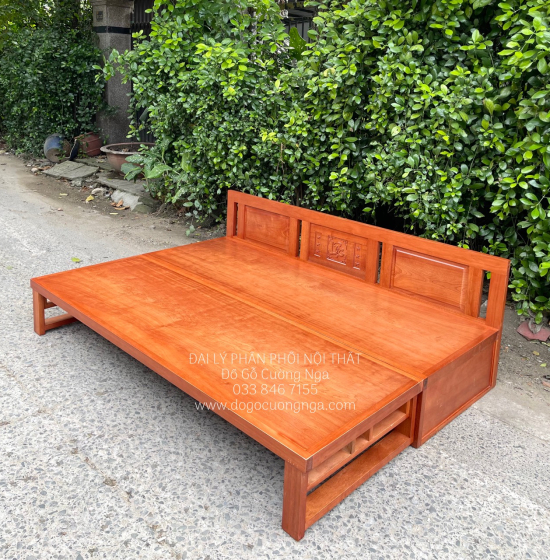 Giường Gấp Gỗ Xoan Đào 2 Ngăn Kéo Kèm Bàn (Có Kính) & Đôn Gỗ Sồi Bền Đẹp