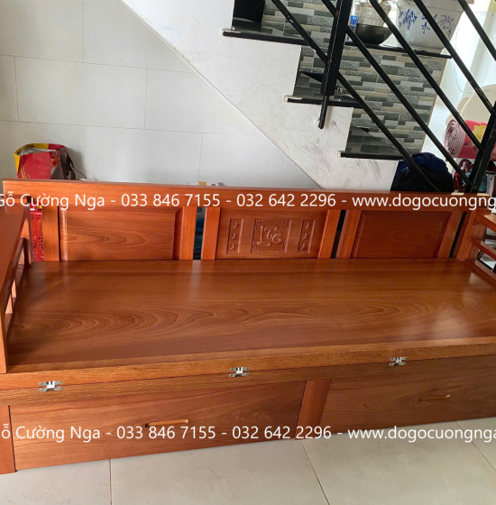 Giường Gấp Gỗ Xoan Đào 2 Ngăn Kéo Kèm Bàn (Có Kính) & Đôn Gỗ Sồi Bền Đẹp