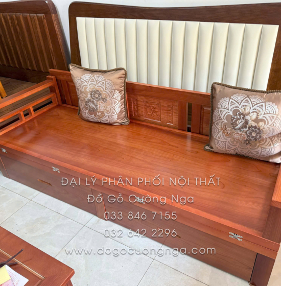 Giường Gấp Gỗ Xoan Đào 2 Ngăn Kéo Kèm Bàn (Có Kính) & Đôn Gỗ Sồi Bền Đẹp