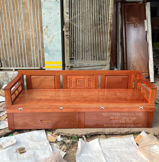 Giường Gấp Gỗ Xoan Đào 2 Ngăn Kéo Kèm Bàn (Có Kính) & Đôn Gỗ Sồi Bền Đẹp