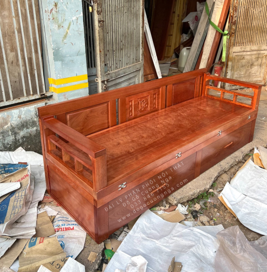 Giường Gấp Gỗ Xoan Đào 2 Ngăn Kéo Kèm Bàn (Có Kính) & Đôn Gỗ Sồi Bền Đẹp
