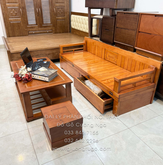 Giường Gấp Gỗ Sồi Kèm Bàn (Có Kính) & Đôn Gỗ Sồi Kiểu Dáng Bắt Mắt