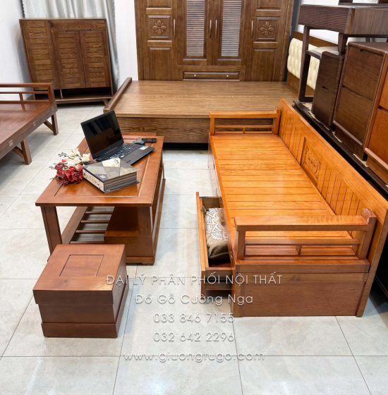 Giường Gấp Gỗ Sồi Kèm Bàn (Có Kính) & Đôn Gỗ Sồi Kiểu Dáng Bắt Mắt