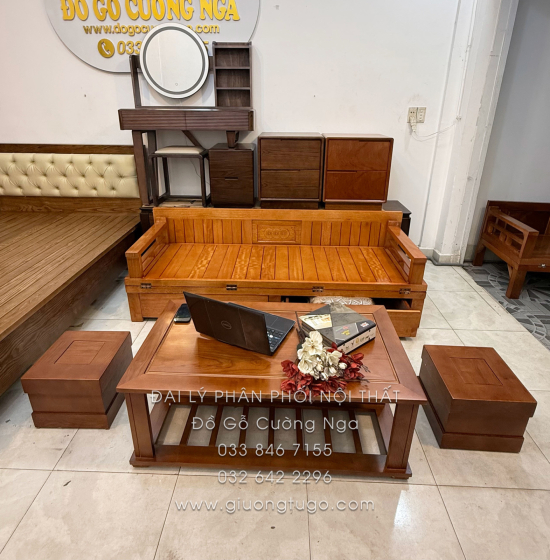 Giường Gấp Gỗ Sồi Kèm Bàn (Có Kính) & Đôn Gỗ Sồi Kiểu Dáng Bắt Mắt