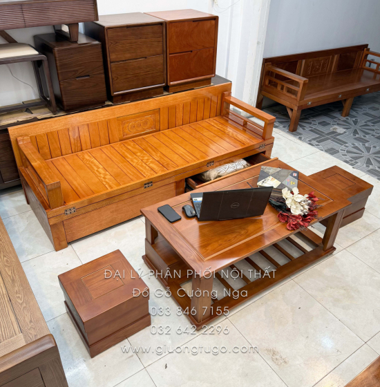 Giường Gấp Gỗ Sồi Kèm Bàn (Có Kính) & Đôn Gỗ Sồi Kiểu Dáng Bắt Mắt