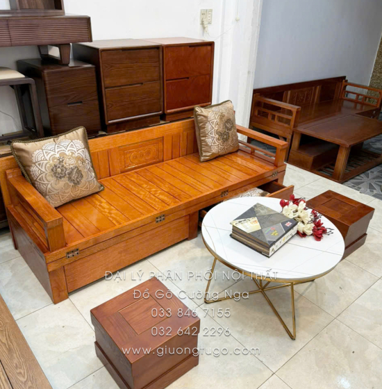 Giường Gấp Gỗ Sồi Kèm Bàn Đá & Đôn Gỗ Sồi Giá Tốt