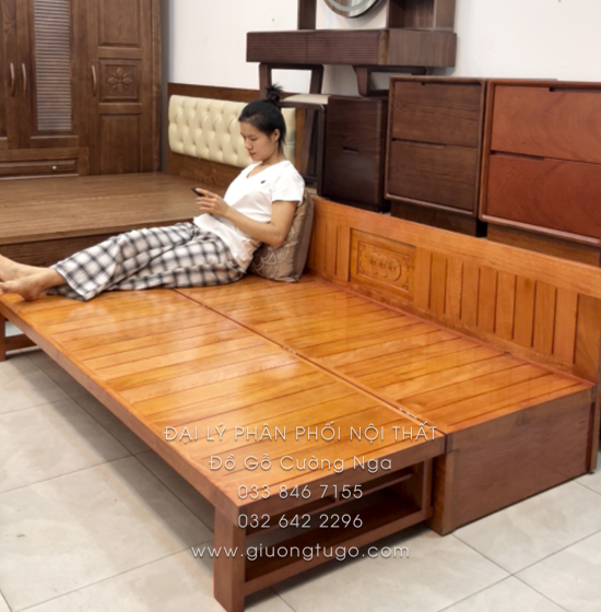 Giường Gấp Gỗ Sồi Kèm Bàn Đá & Đôn Gỗ Sồi Giá Tốt