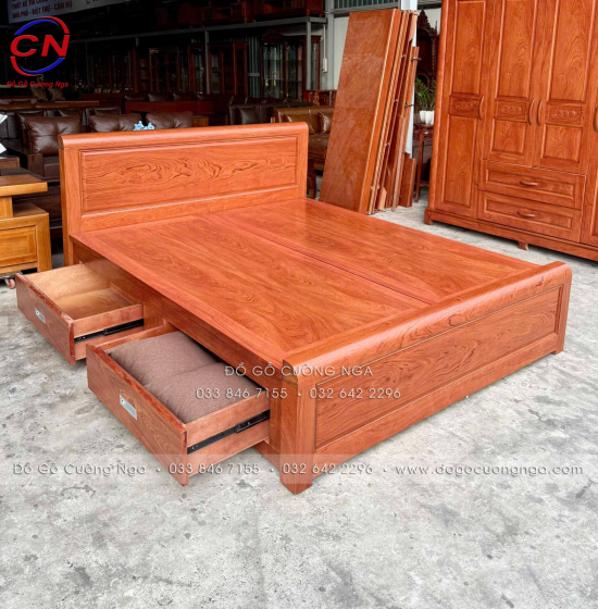 Giường gỗ hương đá ngăn kéo hiên đại 