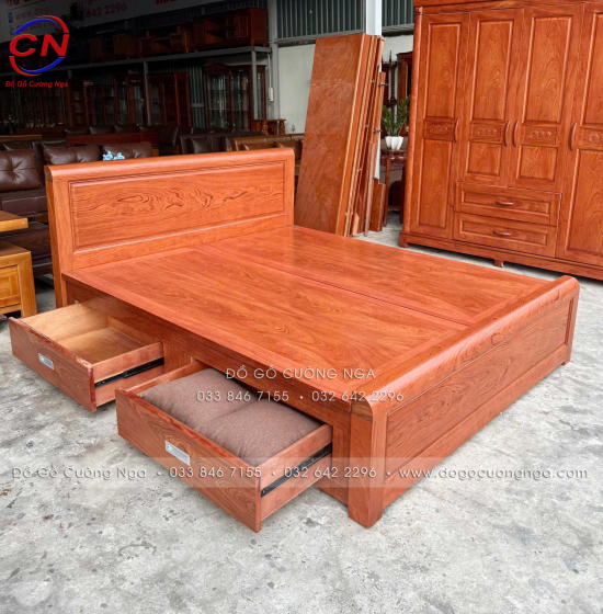 Giường gỗ hương đá ngăn kéo hiên đại 