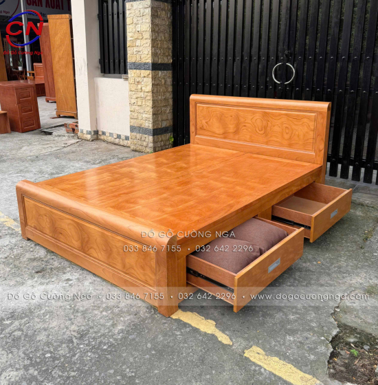 Giường Ngủ Gỗ Gõ Đỏ Mẫu Bắt Chỉ - 2 Ngăn Kéo Hiện Đại 