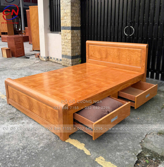 Giường Ngủ Gỗ Gõ Đỏ Mẫu Bắt Chỉ - 2 Ngăn Kéo Hiện Đại 