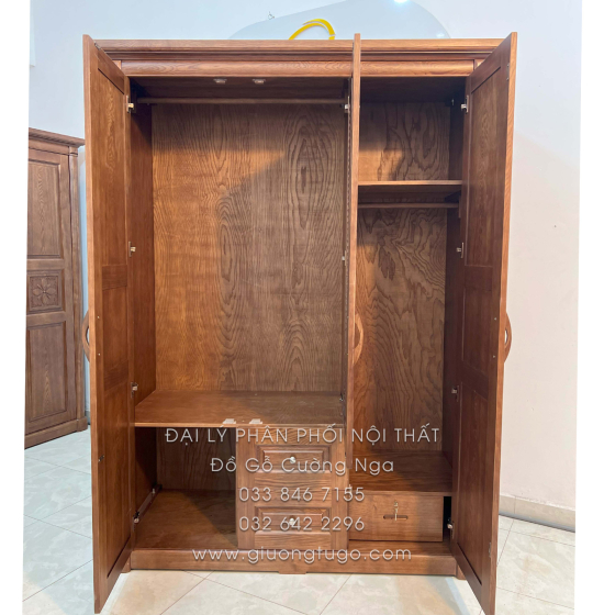 Tủ Quần Áo Gỗ Sồi 3 Cánh Màu Óc Chó - Mẫu Lá Sách 