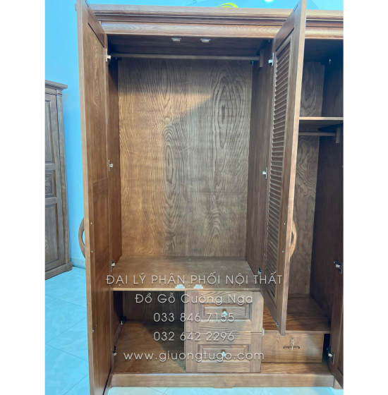 Tủ Quần Áo Gỗ Sồi 3 Cánh Màu Óc Chó - Mẫu Lá Sách 