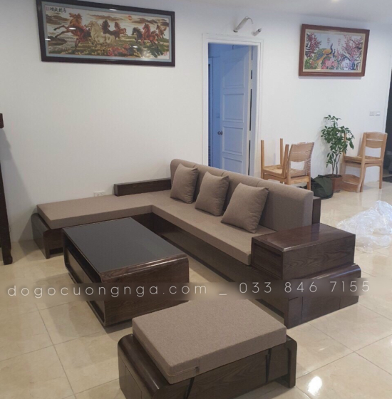 Bộ Bàn Ghế Sofa Góc L Gỗ Sồi Nga Chân Cuốn - Vế Phải Nệm Vải Bố 
