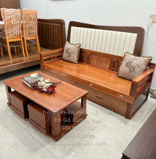 Giường Gấp Gỗ Xoan Đào 2 Ngăn Kéo Kèm Bàn (Có Kính) & Đôn Gỗ Sồi Bền Đẹp