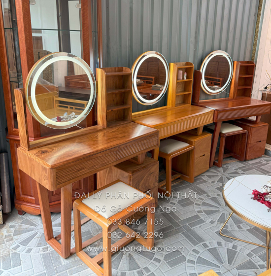 Bàn Phấn Trang Điểm Gỗ Hương Đá Tự Nhiên 1m Đèn Les Cảm Ứng 