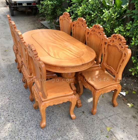 Bàn Ăn Gỗ Gõ Đỏ Cao Cấp 8 Ghế Ovan - Mẫu Ghế Lu Y 