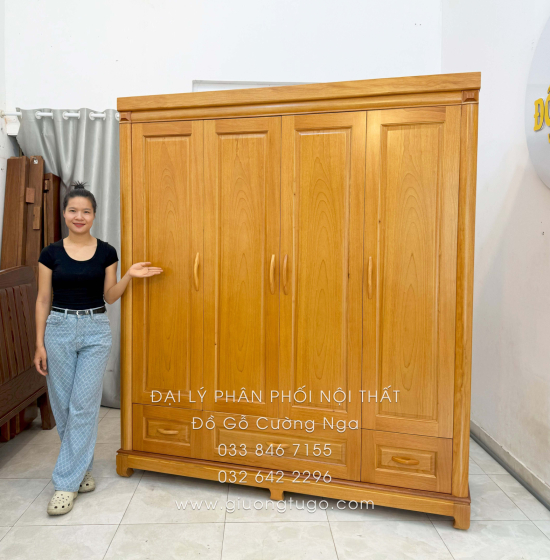 Tủ Quần Áo Gỗ Gõ Đỏ 4 Cánh 1m9 Sang Trọng