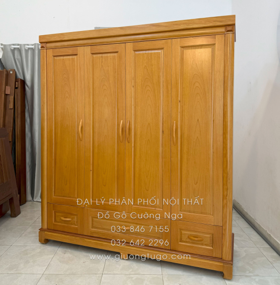 Tủ Quần Áo Gỗ Gõ Đỏ 4 Cánh 1m9 Sang Trọng